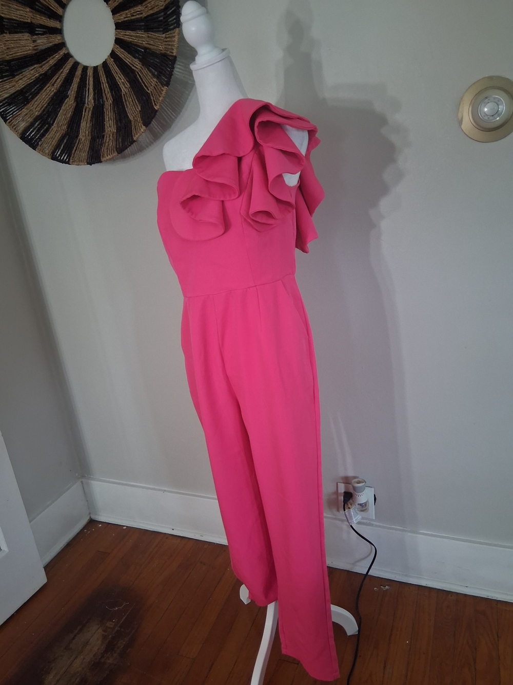 One-Shoulder Ruffle Jumpsuit in Hot Pink